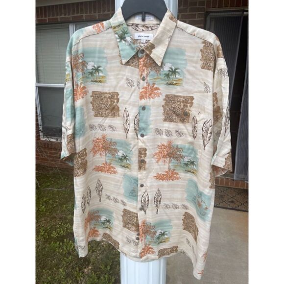 Pierre Cardin Button-Up Shirt Men's L Brown 100% Rayon Short Sleeves Collared - Picture 1 of 4